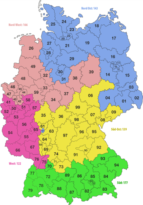 Karte mit einer farbigen Übersicht der Verkaufsregionen nach Postleitzahlen