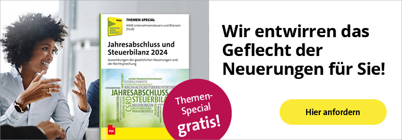 Lächelnde junge Frau und Themenpaket von NWB Unternehmensteuern und Bilanzen